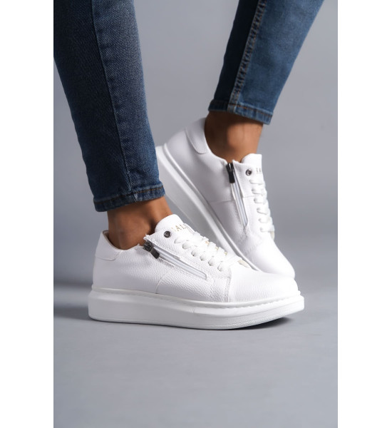 ALC Collection SLW155 Warrior Bağcıklı ve Fermuarlı Cilt Erkek Günlük Sneaker Ayakkabı CBT - Beyaz