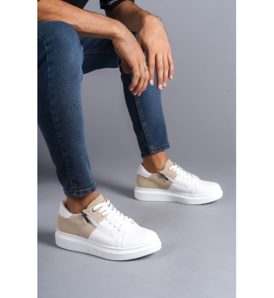 ALC Collection SLW155 Warrior Bağcıklı ve Fermuarlı Cilt Süet Erkek Günlük Sneaker Ayakkabı CSBT - Beyaz/Krem