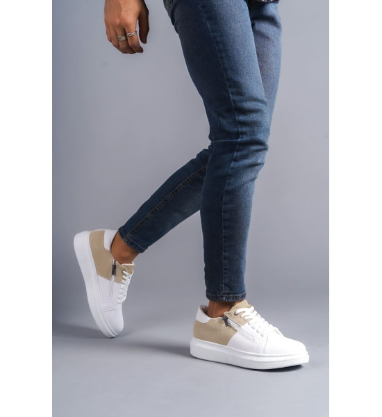 ALC Collection SLW155 Warrior Bağcıklı ve Fermuarlı Cilt Süet Erkek Günlük Sneaker Ayakkabı CSBT - Beyaz/Krem