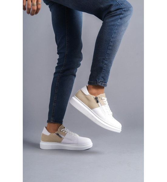 ALC Collection SLW155 Warrior Bağcıklı ve Fermuarlı Cilt Süet Erkek Günlük Sneaker Ayakkabı CSBT - Beyaz/Krem