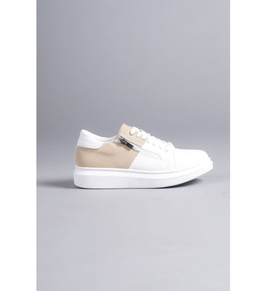 ALC Collection SLW155 Warrior Bağcıklı ve Fermuarlı Cilt Süet Erkek Günlük Sneaker Ayakkabı CSBT - Beyaz/Krem