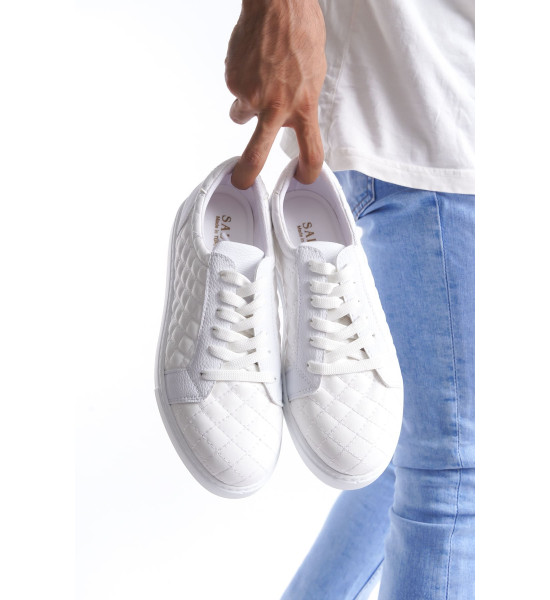 ALC Collection SLW166 Prestige Bağcıklı Cilt Kapitone Desenli Erkek Günlük Sneaker Ayakkabı CBT - Beyaz