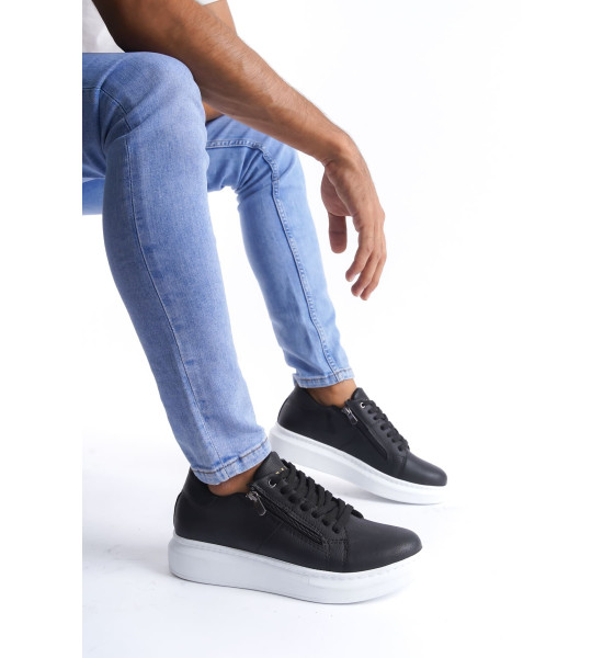 ALC Collection SLW155 Warrior Bağcıklı ve Fermuarlı Cilt Erkek Günlük Sneaker Ayakkabı CBT - Siyah