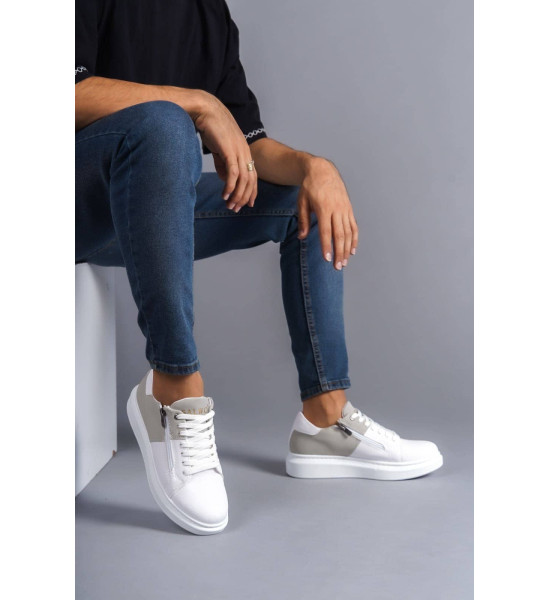 ALC Collection SLW155 Warrior Bağcıklı ve Fermuarlı Cilt Süet Erkek Günlük Sneaker Ayakkabı CSBT - Beyaz/Gri