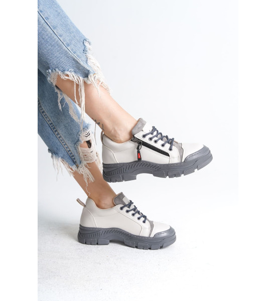 ALC Collection AGATHA Bağcıklı Fermuarlı Ortopedik Taban Kadın Sneaker Spor Ayakkabı CGT - Krem