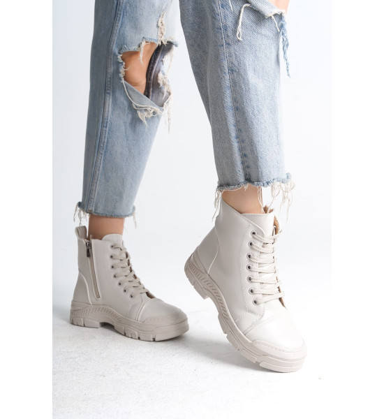 ALC Collection BLOOM Bağcıklı Fermuarlı Ortopedik Taban Kadın Bot  CKT - Krem