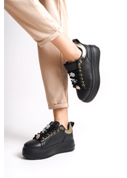 BRIANNA Bağcıklı Ortopedik Taban Renkli Taş Dekorlu Kadın Sneaker Spor Ayakkabı CST - Siyah/Altın