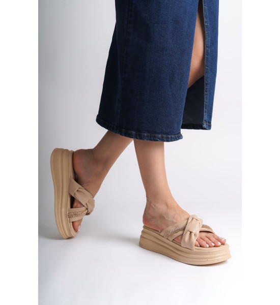 ALC Collection CLARA Düz Topuklu Kurdele Desenli Taşlı Kalın ve Ortopedik Taban Kadın Terlik  CTT - Ten