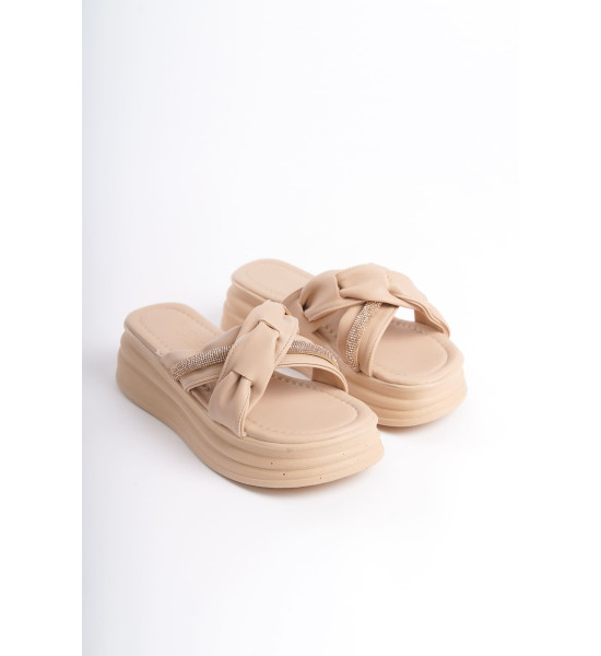 ALC Collection CLARA Düz Topuklu Kurdele Desenli Taşlı Kalın ve Ortopedik Taban Kadın Terlik  CTT - Ten