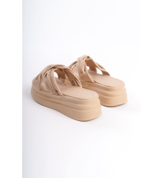 ALC Collection CLARA Düz Topuklu Kurdele Desenli Taşlı Kalın ve Ortopedik Taban Kadın Terlik  CTT - Ten