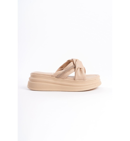 ALC Collection CLARA Düz Topuklu Kurdele Desenli Taşlı Kalın ve Ortopedik Taban Kadın Terlik  CTT - Ten