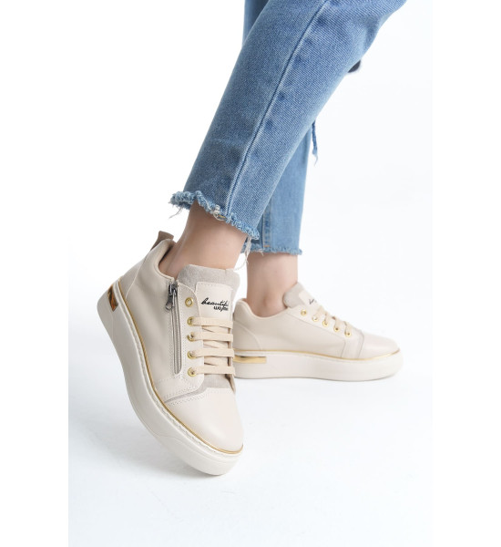 ALC Collection DINA Bağcıklı Fermuarlı Ortopedik Taban Kadın Sneaker Spor Ayakkabı  CKT - Krem/Altın