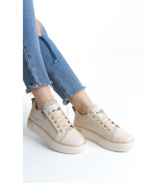 ALC Collection DINA Bağcıklı Fermuarlı Ortopedik Taban Kadın Sneaker Spor Ayakkabı  CKT - Krem/Altın