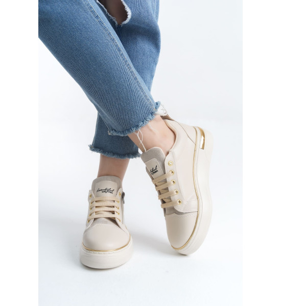 ALC Collection DINA Bağcıklı Fermuarlı Ortopedik Taban Kadın Sneaker Spor Ayakkabı  CKT - Krem/Altın