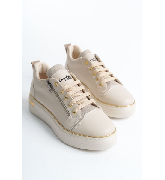 ALC Collection DINA Bağcıklı Fermuarlı Ortopedik Taban Kadın Sneaker Spor Ayakkabı  CKT - Krem/Altın