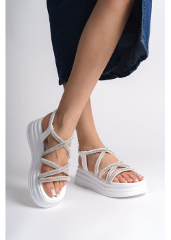 ELENA Lastikli Taşlı Şeritli Ortopedik Taban Kadın Sandalet  CBT - Beyaz