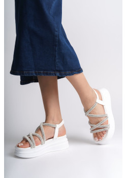 ELENA Lastikli Taşlı Şeritli Ortopedik Taban Kadın Sandalet  CBT - Beyaz