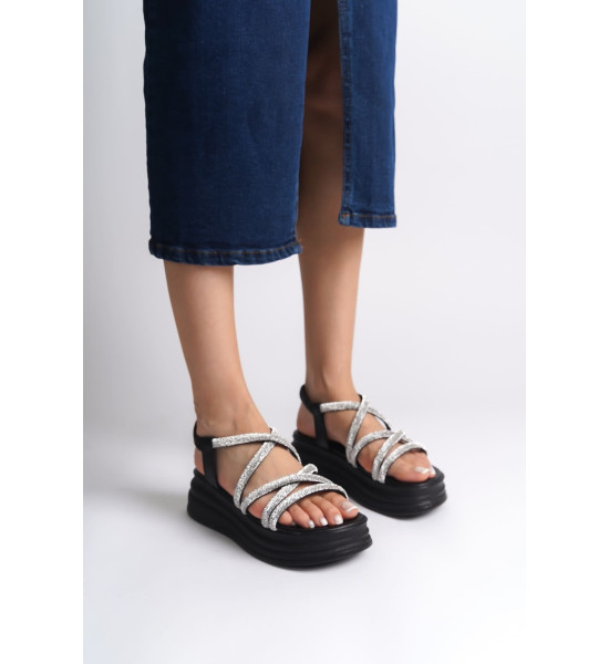 ALC Collection ELENA Lastikli Taşlı Şeritli Ortopedik Taban Kadın Sandalet CST - Siyah