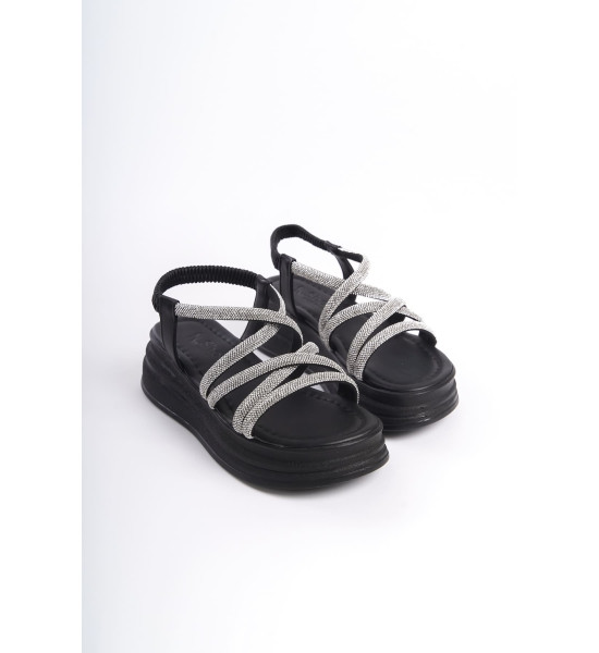 ALC Collection ELENA Lastikli Taşlı Şeritli Ortopedik Taban Kadın Sandalet CST - Siyah