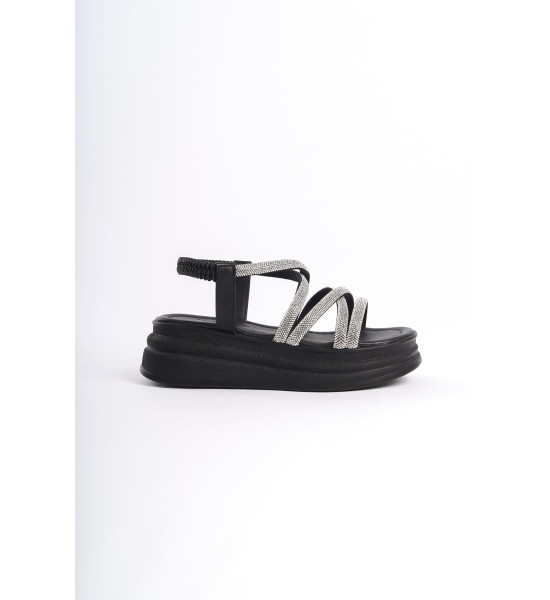 ALC Collection ELENA Lastikli Taşlı Şeritli Ortopedik Taban Kadın Sandalet CST - Siyah