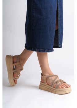 ELENA Lastikli Taşlı Şeritli Ortopedik Taban Kadın Sandalet CTT - Ten