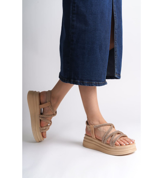 ALC Collection ELENA Lastikli Taşlı Şeritli Ortopedik Taban Kadın Sandalet CTT - Ten