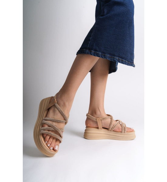 ALC Collection ELENA Lastikli Taşlı Şeritli Ortopedik Taban Kadın Sandalet CTT - Ten