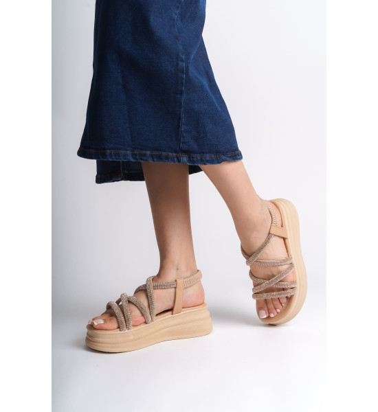 ALC Collection ELENA Lastikli Taşlı Şeritli Ortopedik Taban Kadın Sandalet CTT - Ten