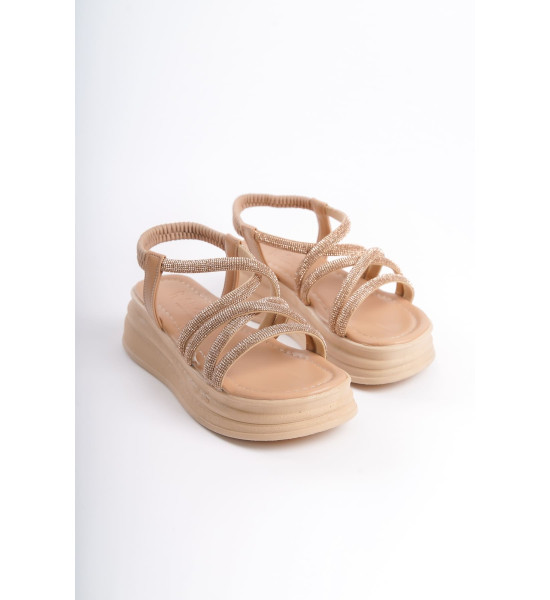 ALC Collection ELENA Lastikli Taşlı Şeritli Ortopedik Taban Kadın Sandalet CTT - Ten