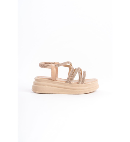 ALC Collection ELENA Lastikli Taşlı Şeritli Ortopedik Taban Kadın Sandalet CTT - Ten