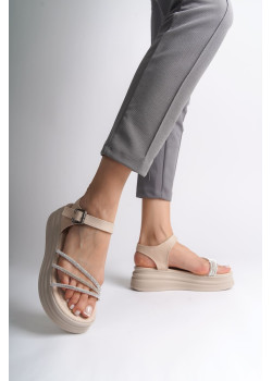 EVA Kalın Tokalı Taşlı Şeritli Ortopedik Taban Kadın Sandalet  CKT - Krem