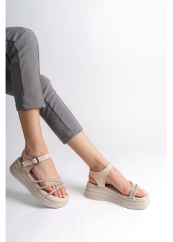 EVA Kalın Tokalı Taşlı Şeritli Ortopedik Taban Kadın Sandalet  CKT - Krem