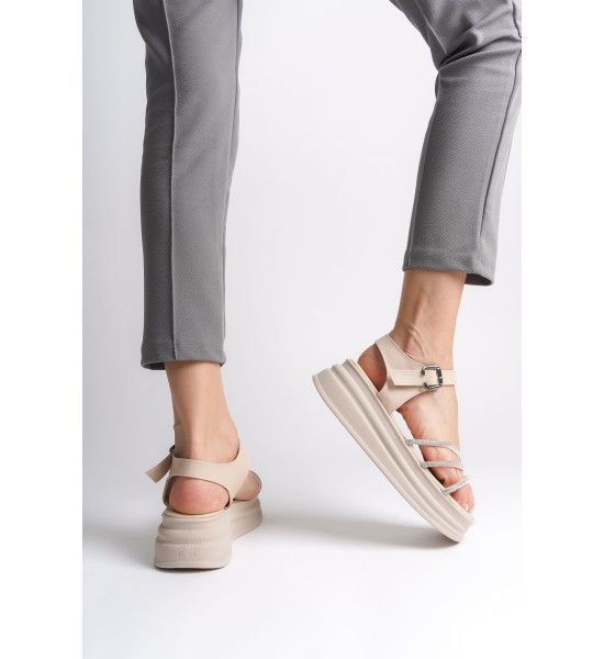 ALC Collection EVA Kalın Tokalı Taşlı Şeritli Ortopedik Taban Kadın Sandalet  CKT - Krem