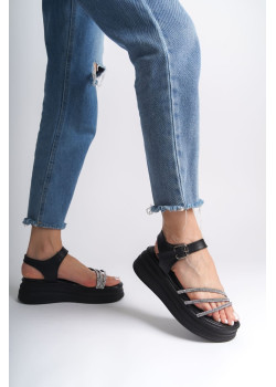 EVA Kalın Tokalı Taşlı Şeritli Ortopedik Taban Kadın Sandalet  CST - Siyah