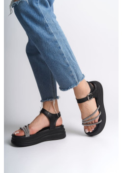 EVA Kalın Tokalı Taşlı Şeritli Ortopedik Taban Kadın Sandalet  CST - Siyah