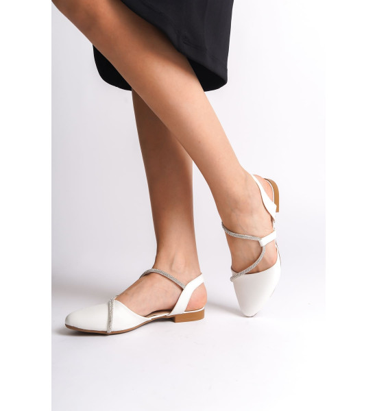 ALC Collection HANNAH Lastikli Ortopedik Rahat Taban Taş Detaylı Kadın Babet Ayakkabı  CKT - Beyaz