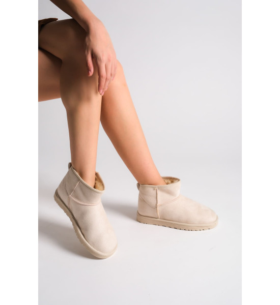 ALC Collection JOLIE Bağcıksız Düz Taban İçi Kürklü Kısa Süet Kadın Bot SKT - Krem