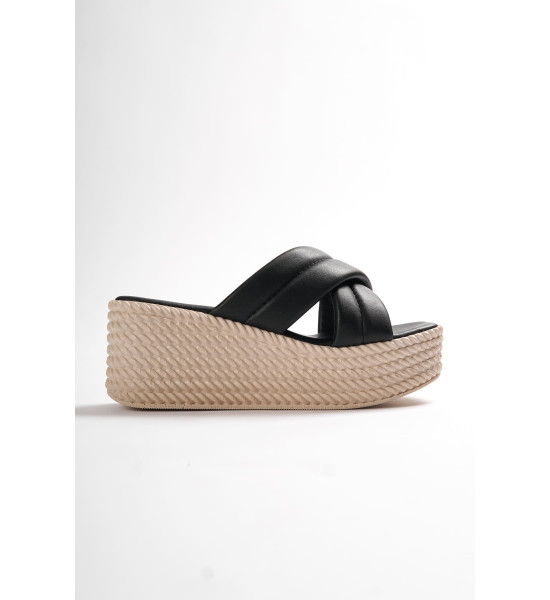 ALC Collection JOYMIX Dolgu Topuklu Ortopedik Taban Hasır Görünümlü Kadın Terlik CKT - Siyah