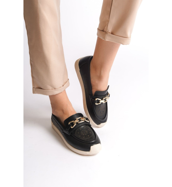 ALC Collection LAYLA Bağcıksız Ortopedik Rahat Taban Çiçek Desenli Kadın Babet Ayakkabı  CKT - Siyah