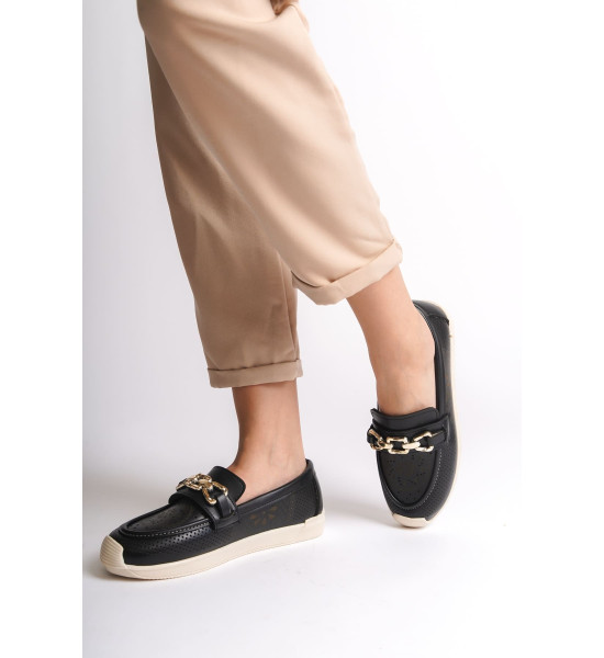 ALC Collection LAYLA Bağcıksız Ortopedik Rahat Taban Çiçek Desenli Kadın Babet Ayakkabı  CKT - Siyah