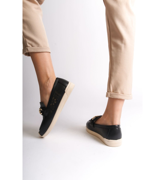 ALC Collection LAYLA Bağcıksız Ortopedik Rahat Taban Çiçek Desenli Kadın Babet Ayakkabı  CKT - Siyah