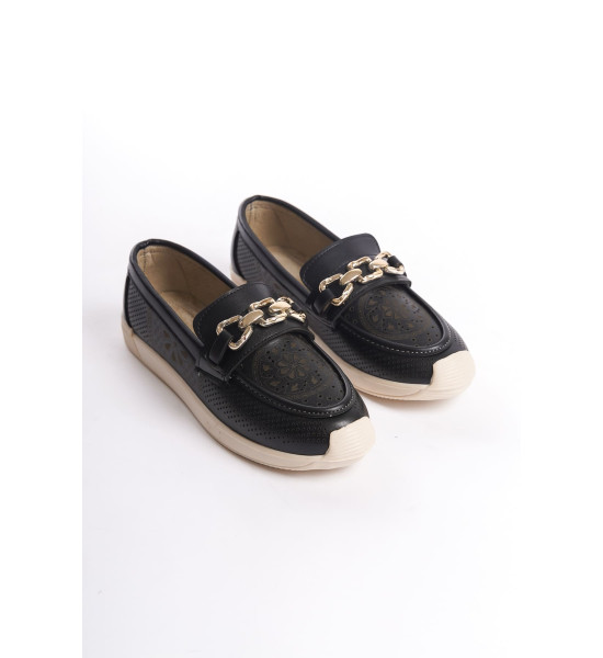 ALC Collection LAYLA Bağcıksız Ortopedik Rahat Taban Çiçek Desenli Kadın Babet Ayakkabı  CKT - Siyah