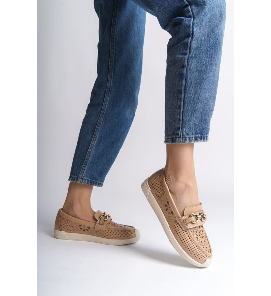 ALC Collection LAYLA Bağcıksız Ortopedik Rahat Taban Çiçek Desenli Kadın Babet Ayakkabı  CKT - Ten