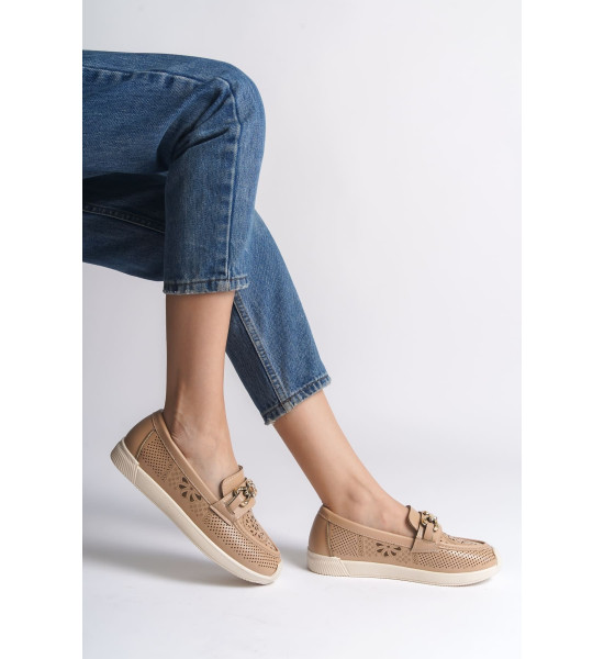 ALC Collection LAYLA Bağcıksız Ortopedik Rahat Taban Çiçek Desenli Kadın Babet Ayakkabı  CKT - Ten