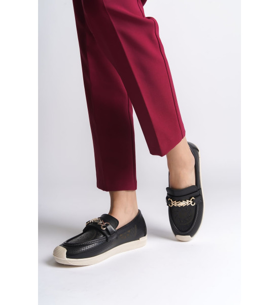 ALC Collection LILY Bağcıksız Ortopedik Rahat Taban Çiçek Desenli Kadın Babet Ayakkabı  CKT - Siyah