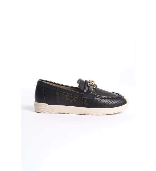 ALC Collection LILY Bağcıksız Ortopedik Rahat Taban Çiçek Desenli Kadın Babet Ayakkabı  CKT - Siyah