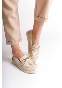 LILY Bağcıksız Ortopedik Rahat Taban Kalp Desenli Kadın Babet Ayakkabı  CKT - Krem