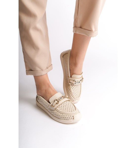 ALC Collection LILY Bağcıksız Ortopedik Rahat Taban Kalp Desenli Kadın Babet Ayakkabı  CKT - Krem