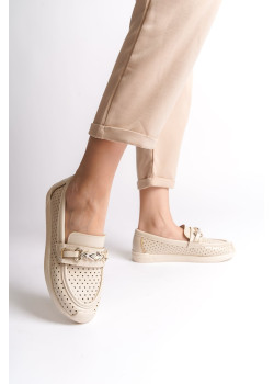 LILY Bağcıksız Ortopedik Rahat Taban Kalp Desenli Kadın Babet Ayakkabı  CKT - Krem