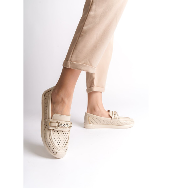 ALC Collection LILY Bağcıksız Ortopedik Rahat Taban Kalp Desenli Kadın Babet Ayakkabı  CKT - Krem